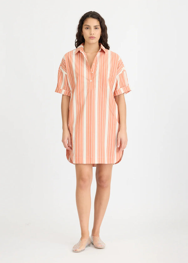 CHIARA HALF PLACKET MIDI DRESS - BURNT ORANGE STRIPE