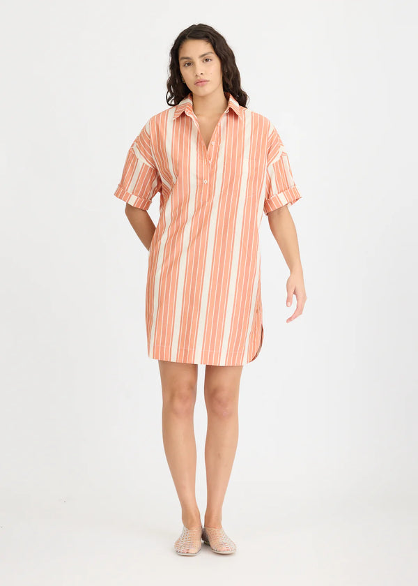 CHIARA HALF PLACKET MIDI DRESS - BURNT ORANGE STRIPE