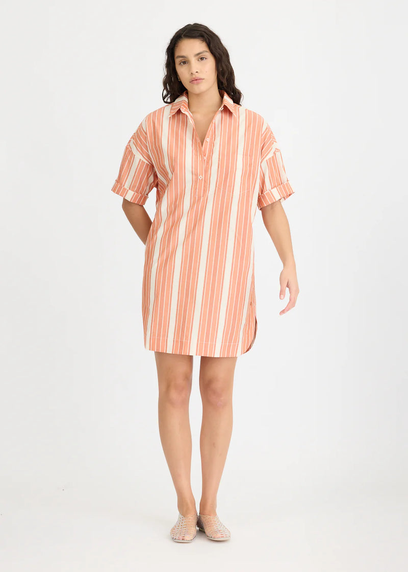 CHIARA HALF PLACKET MIDI DRESS - BURNT ORANGE STRIPE