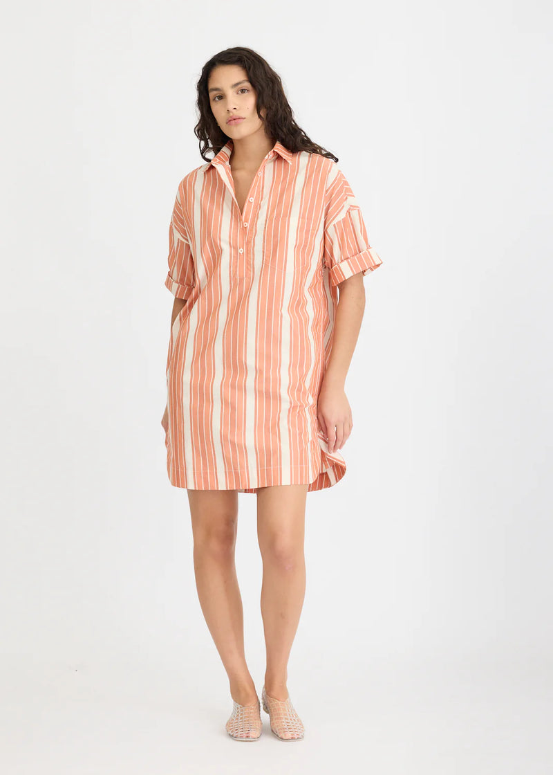 CHIARA HALF PLACKET MIDI DRESS - BURNT ORANGE STRIPE