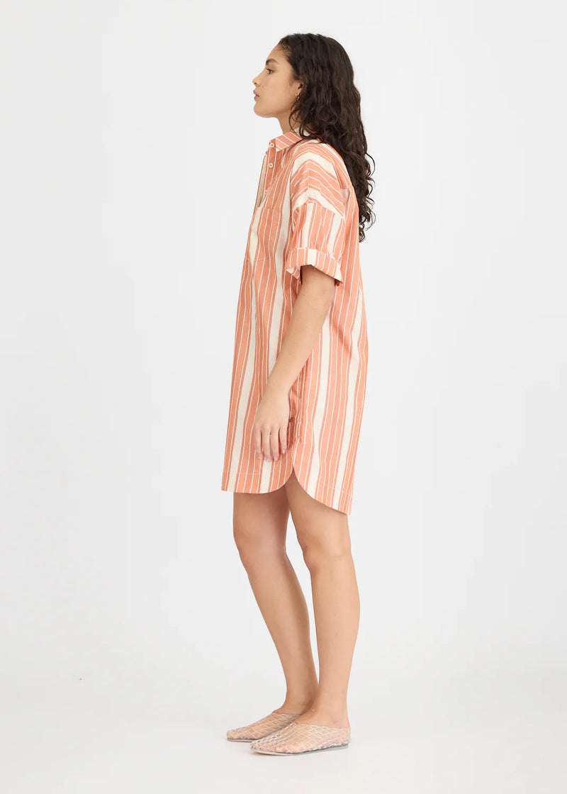 CHIARA HALF PLACKET MIDI DRESS - BURNT ORANGE STRIPE